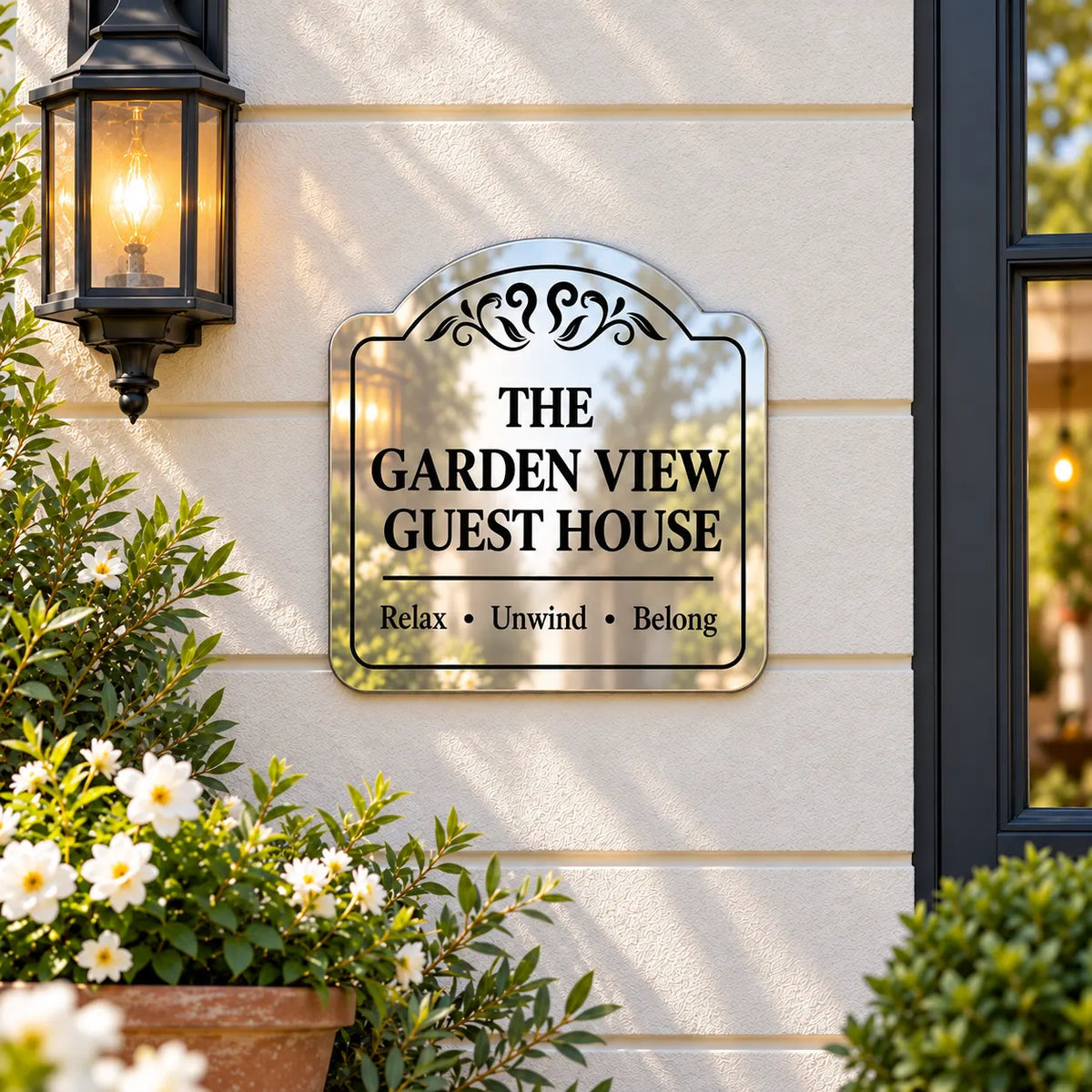 Arched crest mirror finish aluminum guest house sign mounted beside a lantern on a cream wall
