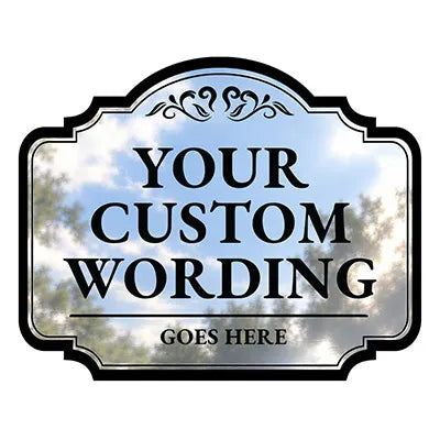 Ornate Scroll design custom mirror finish aluminum sign template with scalloped corners and crest ornament